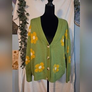 SHEIN Green Cardigan with Yellow Floral Design